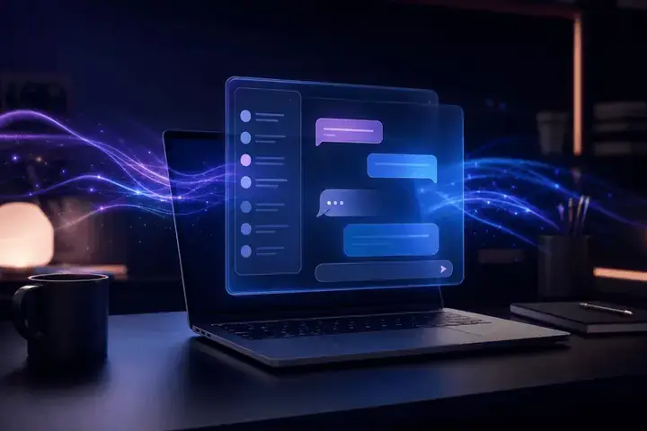 Futuristic AI assistant interface glowing above a laptop with violet light trails