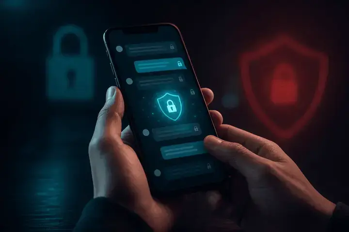 Hands holding a smartphone with a secure encrypted messaging glow